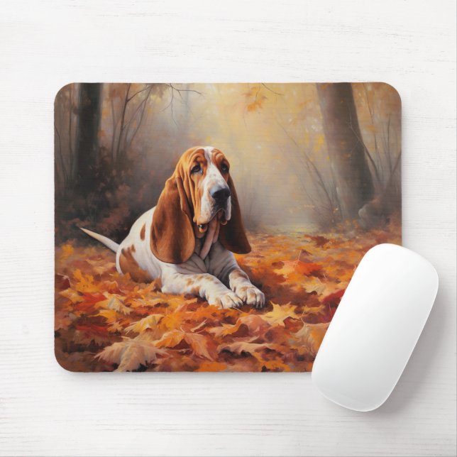 Mousepad Caça-Basset nas Folhas do Outono Cai Inspire (Com mouse)