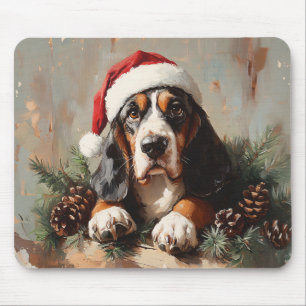 Mousepad Caça-Basset numa Pintura a Óleo de Santa Hat