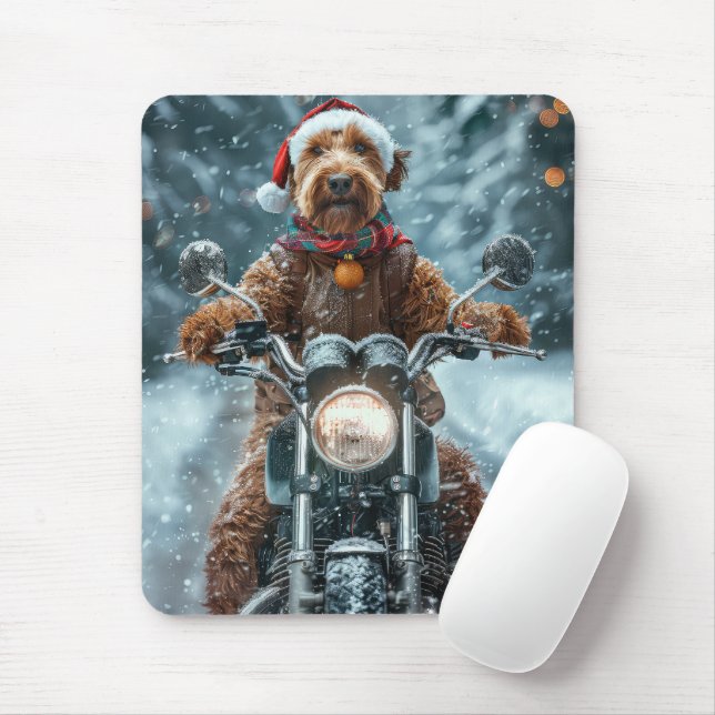 Mousepad Cachorro Airedale Pilotando Moto Natal (Com mouse)