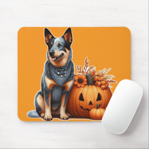 Mousepad Cachorro australiano ao lado de um Jack O-Lanterna