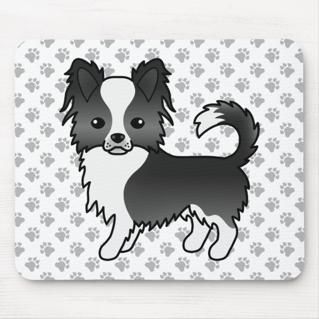 Mousepad Cachorro Chihuahua de Casaco Longo Preto e Branco  (Frente)
