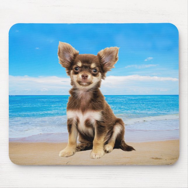 Mousepad Cachorro Chihuahua sentado em praia tropical (Frente)