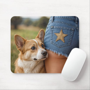 Mousepad Cachorro Corgi Com Mulher Jovem Em Denim Shorts