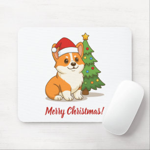 Mousepad Cachorro Corgi Fofo com um Chapéu Vermelho com Árv