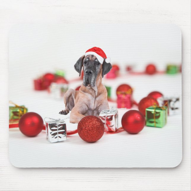 Mousepad Cachorro Cute Great Dane com Chapéu de Natal do Pa (Frente)