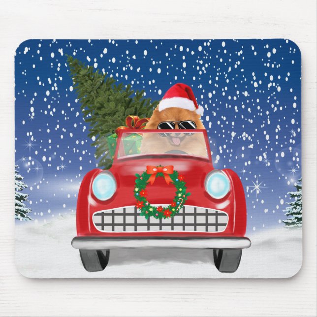 Mousepad Cachorro da raça Spitz alemão dirigindo carro na n (Frente)