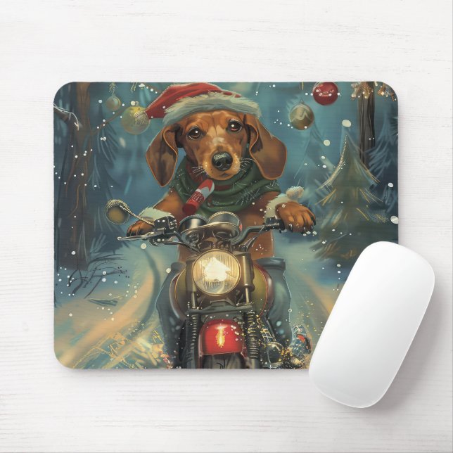 Mousepad Cachorro Dachshund Pilotando Motocicleta Natal (Com mouse)