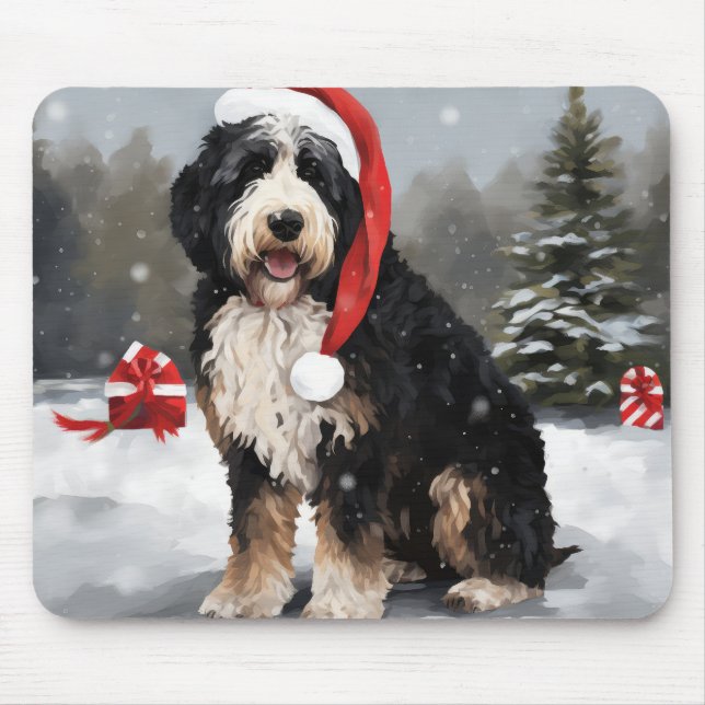 Mousepad Cachorro de Bernedoodle no Natal da Neve (Frente)
