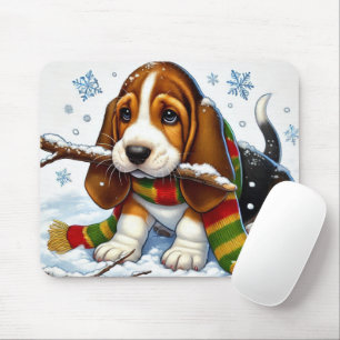 Mousepad Cachorro de Caça na Neve com Scarf e Branch