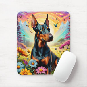 Mousepad Cachorro Doberman, Flores e Cena de Montanha
