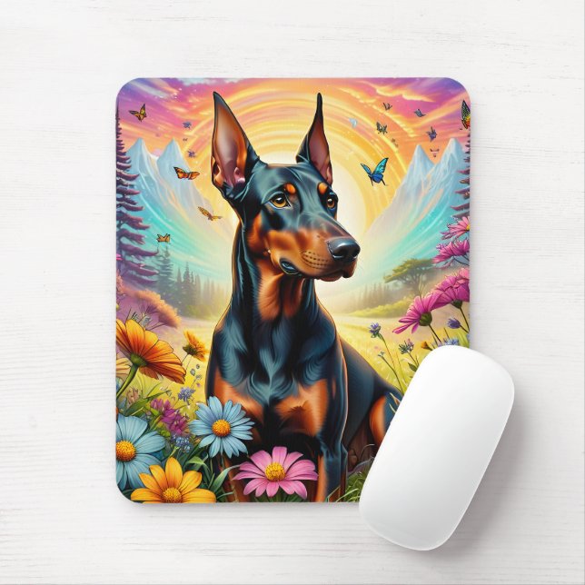 Mousepad Cachorro Doberman, Flores e Cena de Montanha (Com mouse)