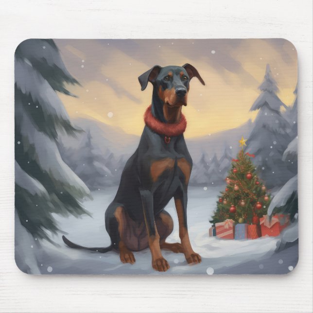Mousepad Cachorro Doberman no Natal da Neve (Frente)
