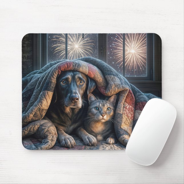 Mousepad Cachorro e Gato Assustados Sob uma Filha (Com mouse)
