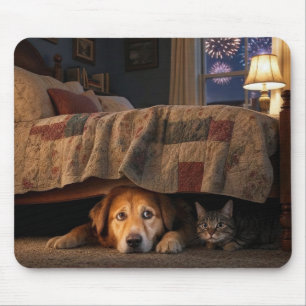 Mousepad Cachorro e Gato se Escondendo Debaixo de uma Cama