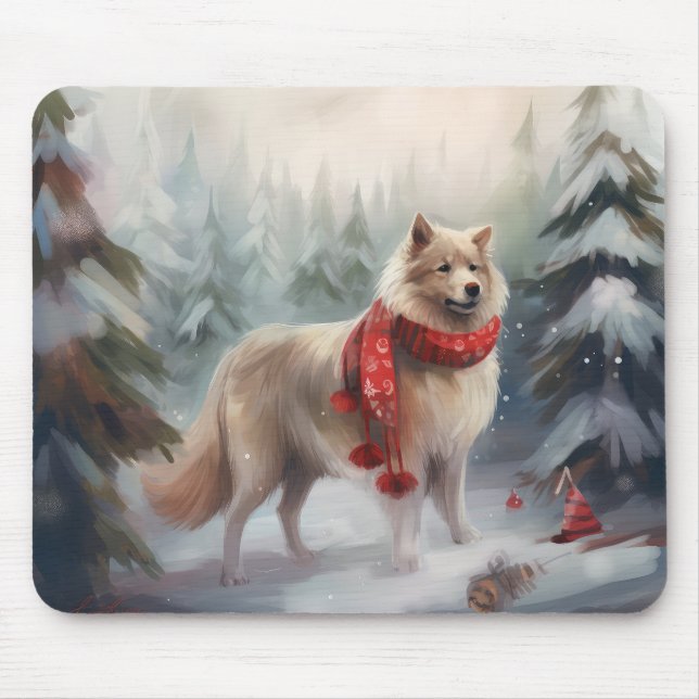 Mousepad Cachorro Finlandês Lappund no Natal com Neve  (Frente)