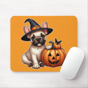 Mousepad Cachorro francês no Chapéu das Bruxas com Pumpkin