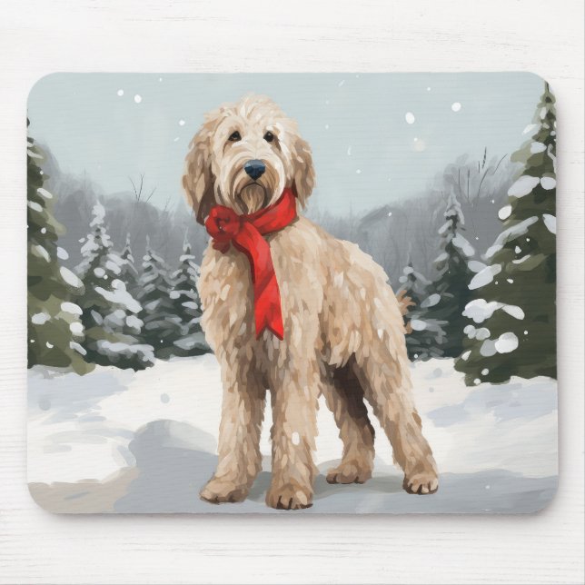 Mousepad Cachorro Goldendoodle na Neve Natal (Frente)