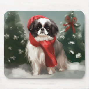 Mousepad Cachorro Japonês Chin na Neve Natal