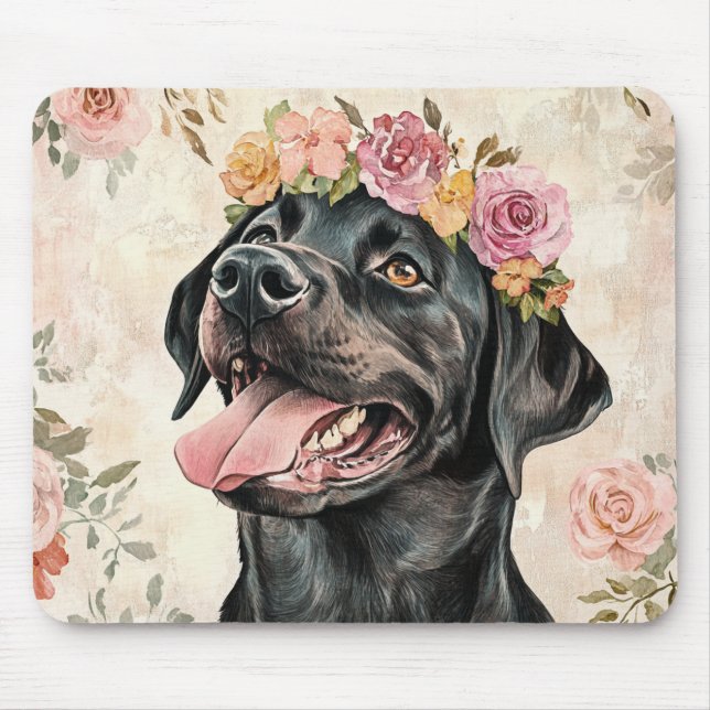 Mousepad Cachorro Labrador Retriever Preto Flor de Pêssego  (Frente)