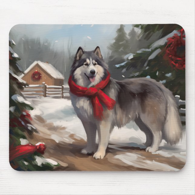 Mousepad Cachorro Malamute do Alasca no Natal da Neve (Frente)