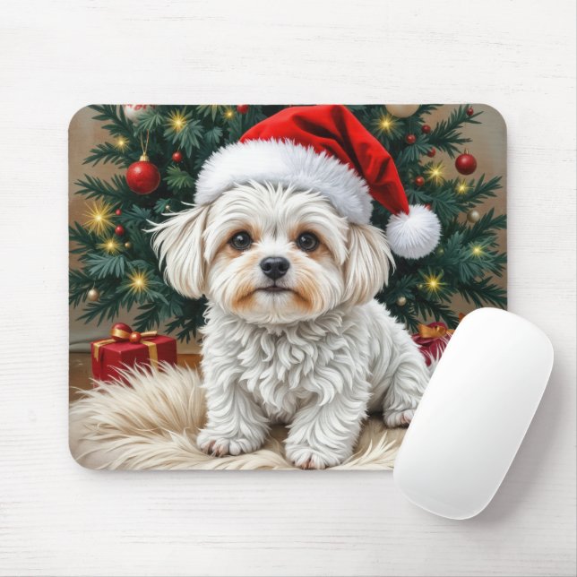 Mousepad Cachorro Maltês de Natal em um Travesseiro de pele (Com mouse)