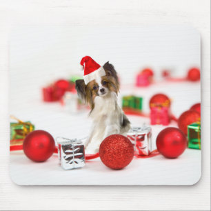 Mousepad Cachorro Papillon Fofo Chapéu de Natal do Papai No