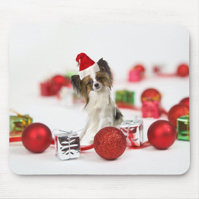 Mousepad Cachorro Papillon Fofo Chapéu de Natal do Papai No (Frente)