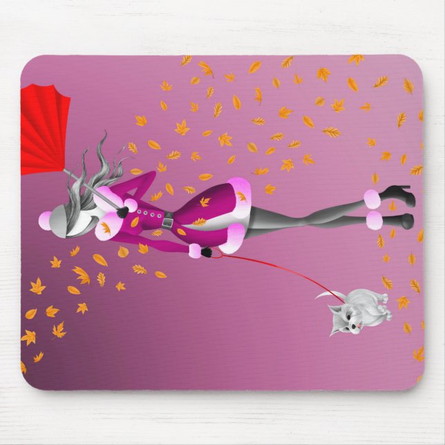 Mousepad Cachorro passeando Folhas de Outono Rosa (Frente)