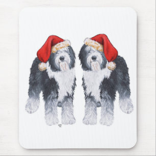 Mousepad Cachorro Pastor Inglês Antigo Chapéu de Papai Noel