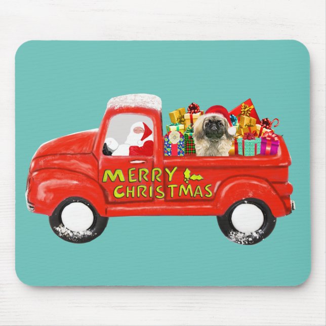 Mousepad Cachorro Pekingês no Caminhão de Parto de Natal (Frente)