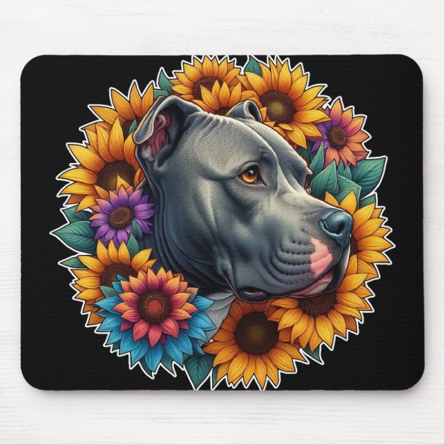 Mousepad Cachorro Pitbulento cercado por girassóis vibrante (Frente)