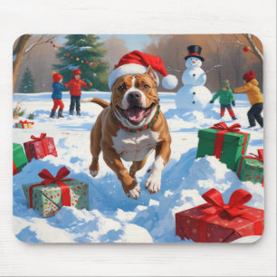 Mousepad Cachorro Pitbull Correndo na Neve com Chapéu de Na
