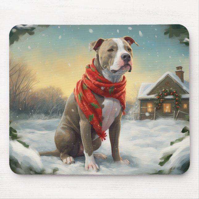 Mousepad Cachorro Pitbull na Neve Natal (Frente)