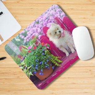 Mousepad Cachorro Pomeraniano Floral, Cena Rústica do Jardi