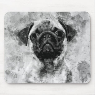 Mousepad Cachorro Pug Preto e Branco Aquarela 01