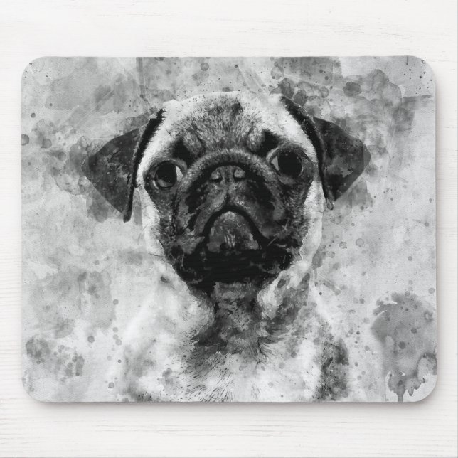 Mousepad Cachorro Pug Preto e Branco Aquarela 01 (Frente)
