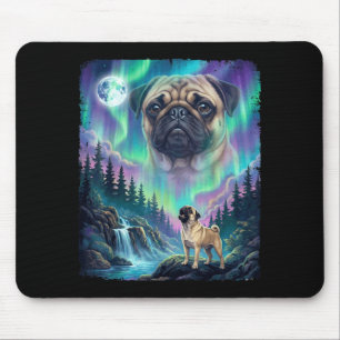 Mousepad Cachorro Pug uivando luzes do norte aurora lua flo