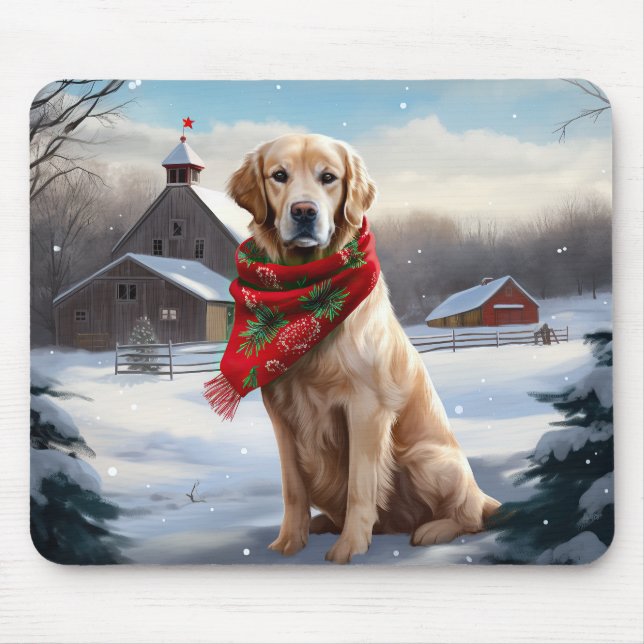 Mousepad Cachorro Retriever Dourado na Neve Natal (Frente)