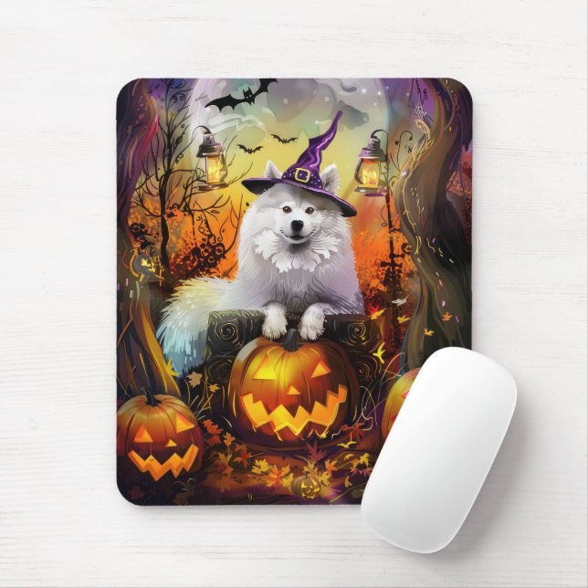 Mousepad Cachorro Samoyed Assustador, Bruxa de Halloween e  (Com mouse)