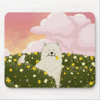 Mousepad Cachorro Samoyed Fofo em Campo de Flores Amarelas