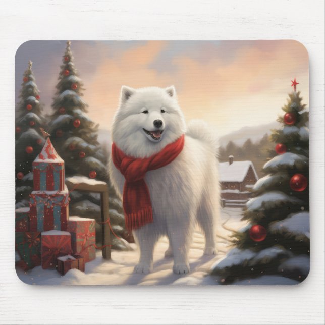 Mousepad Cachorro Samoyed no Natal da Neve (Frente)