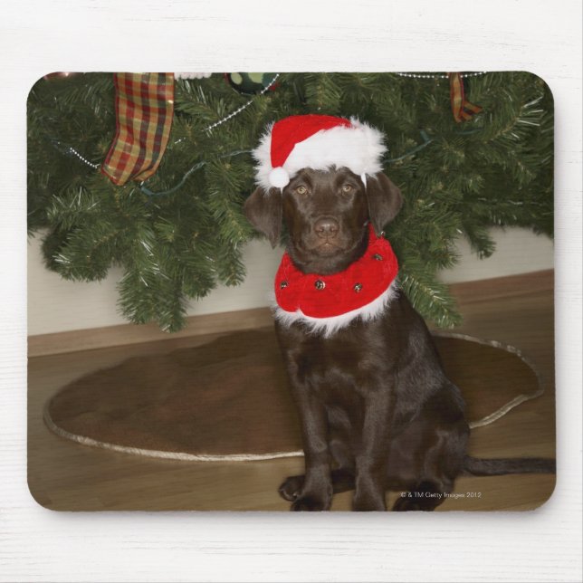 Mousepad Cachorro sentado perto de uma árvore de Natal (Frente)