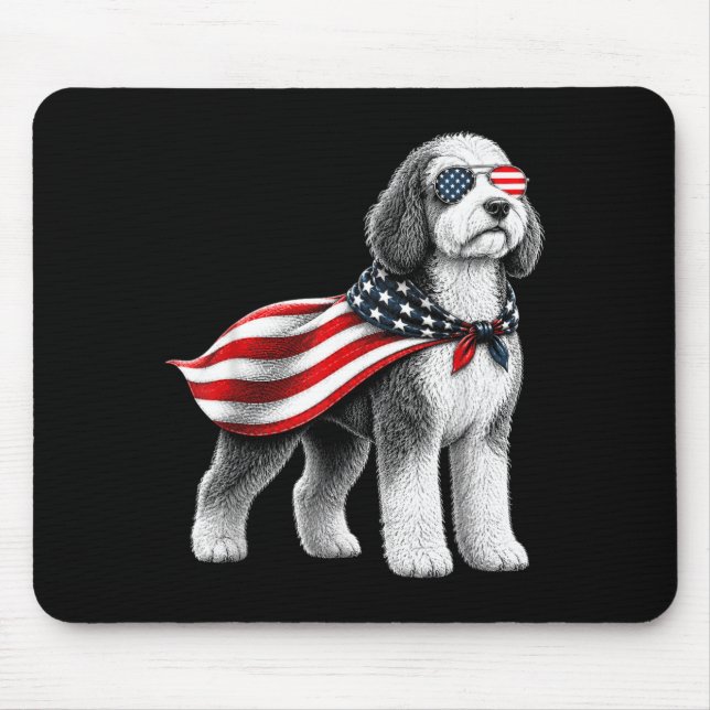 Mousepad Cachorro Sheepadoodle 4 De Julho Bandeira American (Frente)