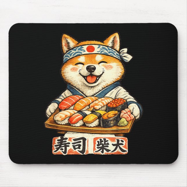 Mousepad Cachorro shiba inu engraçado comendo sushi comida  (Frente)