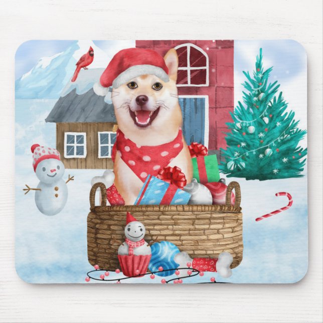 Mousepad Cachorro Shiba Inu Na Casa Dos Cachorros De Natal  (Frente)