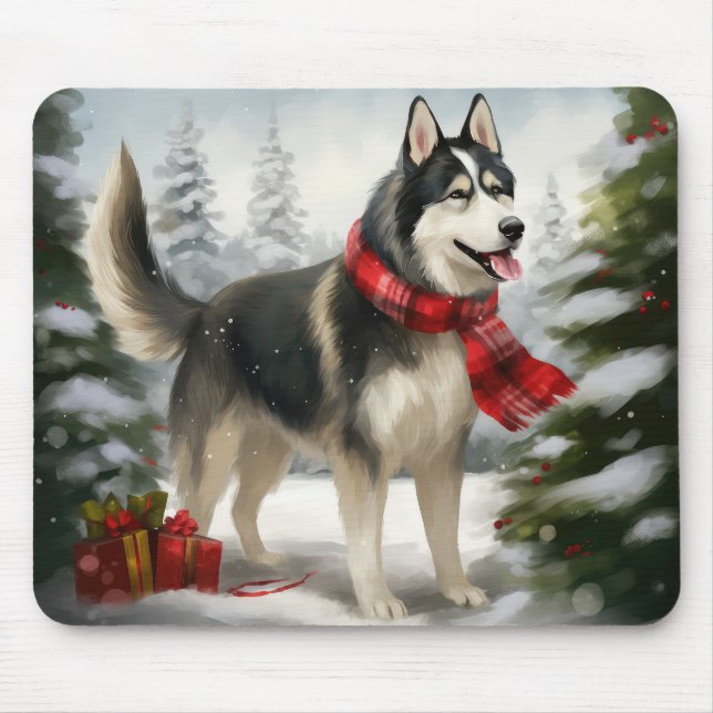 Mousepad Cachorro Siberiano Husky no Natal da Neve (Frente)