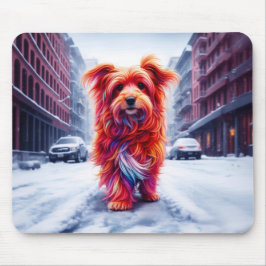 Mousepad Cachorro vermelho descendo a rua de inverno de nev
