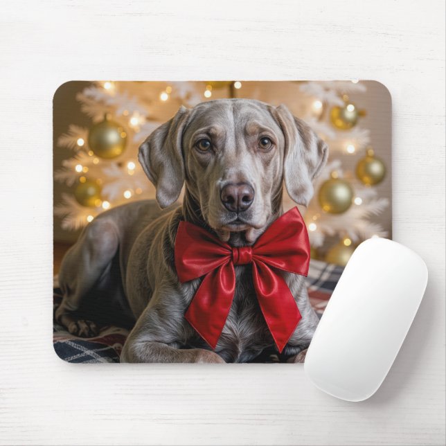Mousepad Cachorro Weimaraner de Natal Com Laço Vermelho (Com mouse)