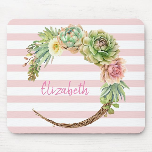 Mousepad Cacto Adorável em Aquarela, Listras de Suculentas (Frente)