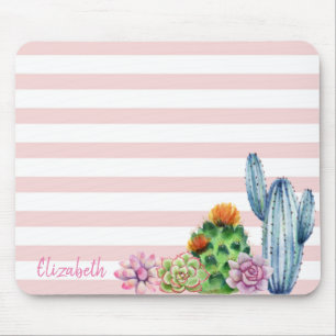 Mousepad Cacto Adorável em Aquarela, Listras de Suculentas